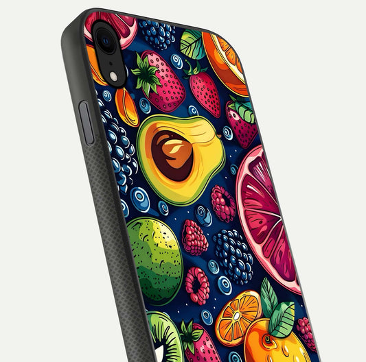 Cute Fruits Art Glass Case for iPhone X close-up highlighting fruit shapes, color tones, and reflection polish