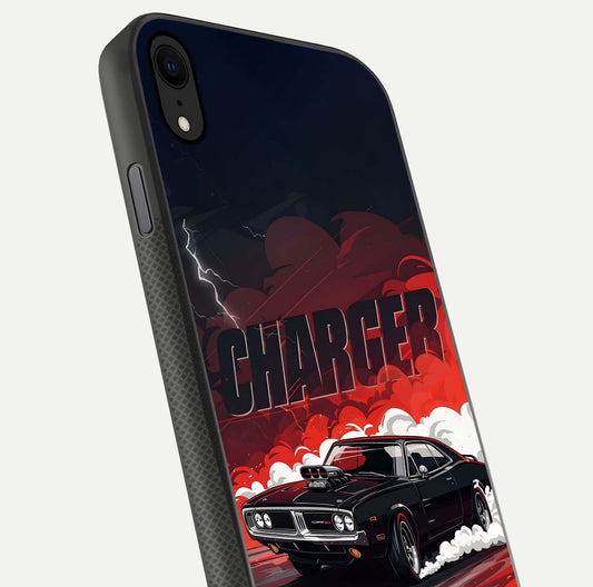 Dark Charger Fury Glass Case for iPhone X close-up highlighting car reflection and light gloss