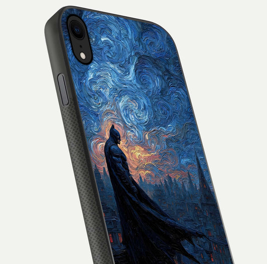 Dark Knight Dusk Glass Case for iPhone X close-up highlighting dark suit texture and reflection detail