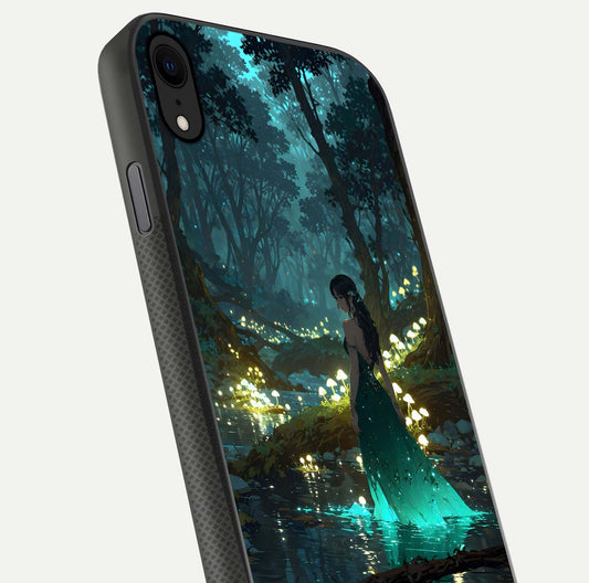 Enchanted Forest Glow Glass Case for iPhone X close-up highlighting trees, lights, and reflection texture