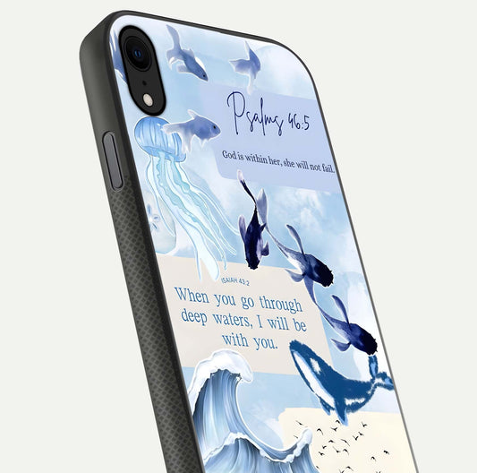 Faithful Ocean Promise Glass Case for iPhone X close-up highlighting water reflection and serene blue tones