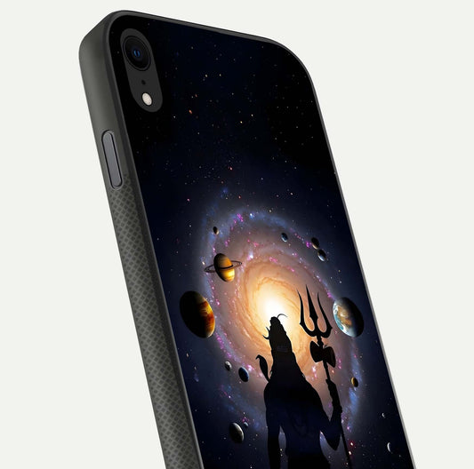 Galactic Shiva Vision Glass Case for iPhone X close-up angled shot highlighting divine aura, trident details, and reflection shine