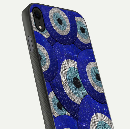Galaxy Eye Flow Glass Case for iPhone X close-up angled shot showing vivid swirl detail and reflection brightness