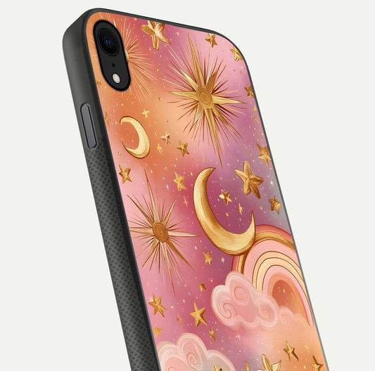 Golden Celestial Dreams Glass Case for iPhone X close-up angled shot showing cosmic gold tones and reflection shine