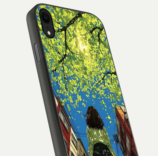Golden Leaves Glow Glass Case for iPhone X close-up angled shot showing fine leaf texture and reflection shine