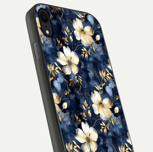 Golden Midnight Bloom Glass Case for iPhone X close-up angled shot showing floral detail and reflection shine