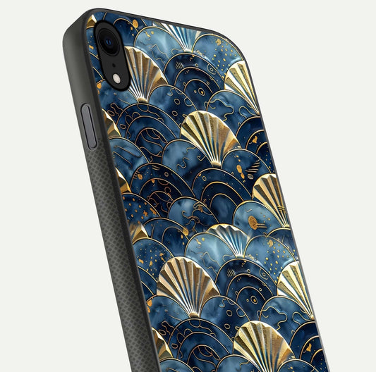 Golden Wave Luxe Glass Case for iPhone X close-up angled shot showing flowing wave texture and reflection brightness