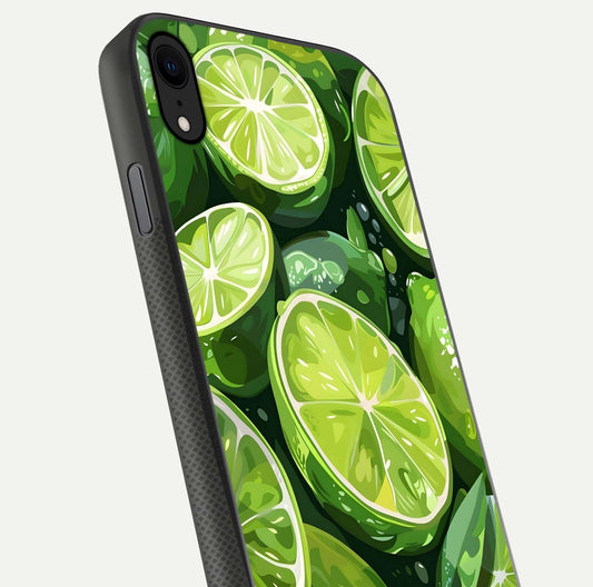 Green Lemon Glass Case for iPhone X close-up angled shot showing lemon slice texture and reflection brightness