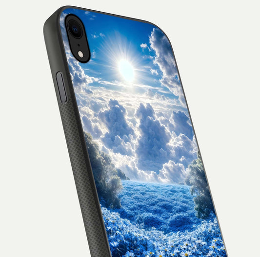 Heavenly Daisy Horizon Glass Case for iPhone X close-up angled shot showing daisy petal details and light reflection
