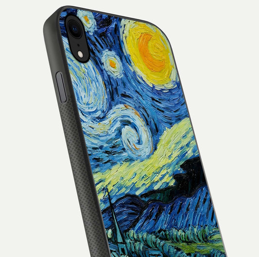 Inspired Van Gogh Art Glass Case for iPhone X close-up angled shot showing brushstroke texture and shine detail