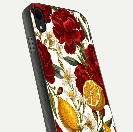 Lemon Rose Charm Glass Case for iPhone X angled close-up showing vivid rose details and HD glass reflection