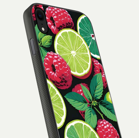 Lime and Raspberry Pattern Glass Case for iPhone X angled close-up showing fruit texture and reflection glow