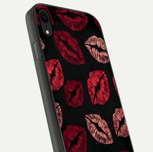 Midnight Kiss Love Glass Case for iPhone X close-up angle highlighting red accents and reflection shine