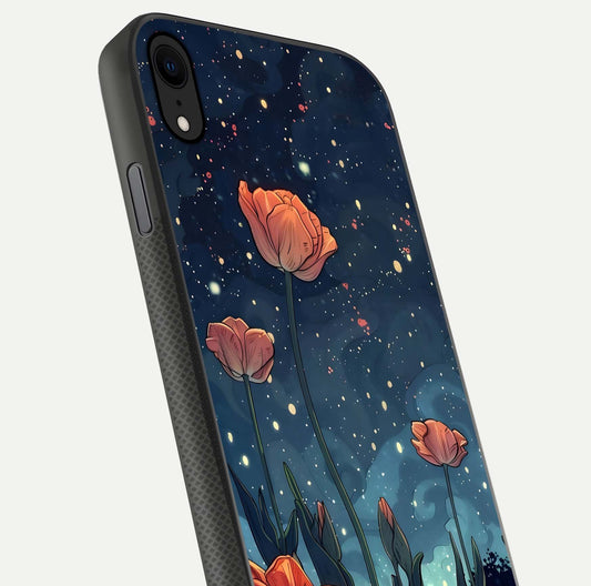Midnight Tulip Glow Glass Case for iPhone X close-up angled shot showing petal details and reflection glow
