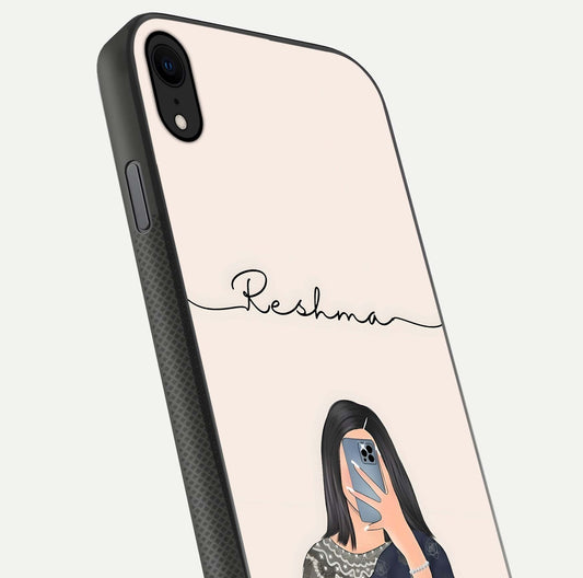 Mirror Mood Muse Custom Name Glass Case for iPhone X close-up angled shot highlighting gloss and mirror depth