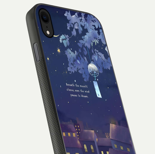 Moonlit Cat Silence Glass Case for iPhone X close-up angled shot showing soft glow and reflection texture