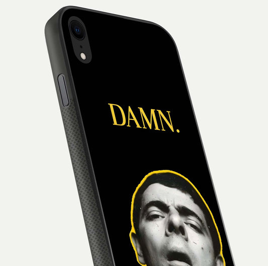 Mr Bean Damn Glass Case for iPhone X close-up angled shot highlighting comic expression and shine detail