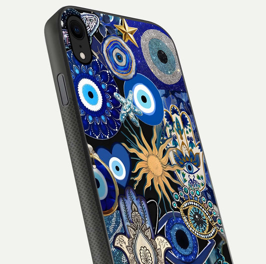 Mystic Blue Evil Eye Glass Case for iPhone X close-up angled shot highlighting mystical glow and HD reflection