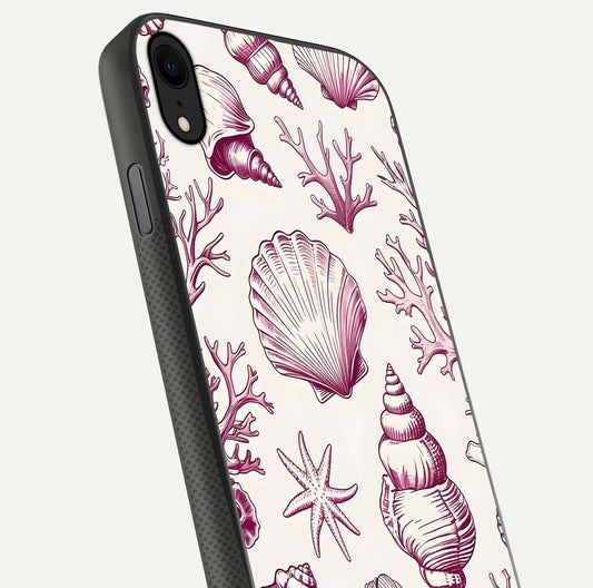 Pink Shells Outline Glass Case for iPhone X close-up angled shot showing fine shell lines and reflection