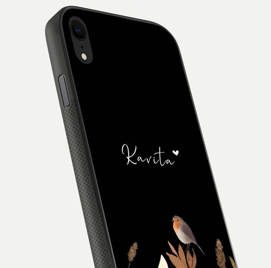 Quiet Garden Tune Custom Name Glass Case for iPhone X close-up angled shot showing soft tones and gloss reflection