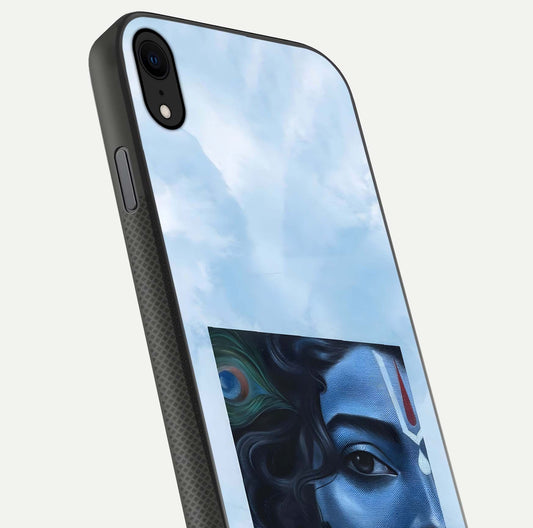 Spiritual Krishna Glass Case for iPhone 16 Pro close-up angled shot showing HD print, color tone, and reflection