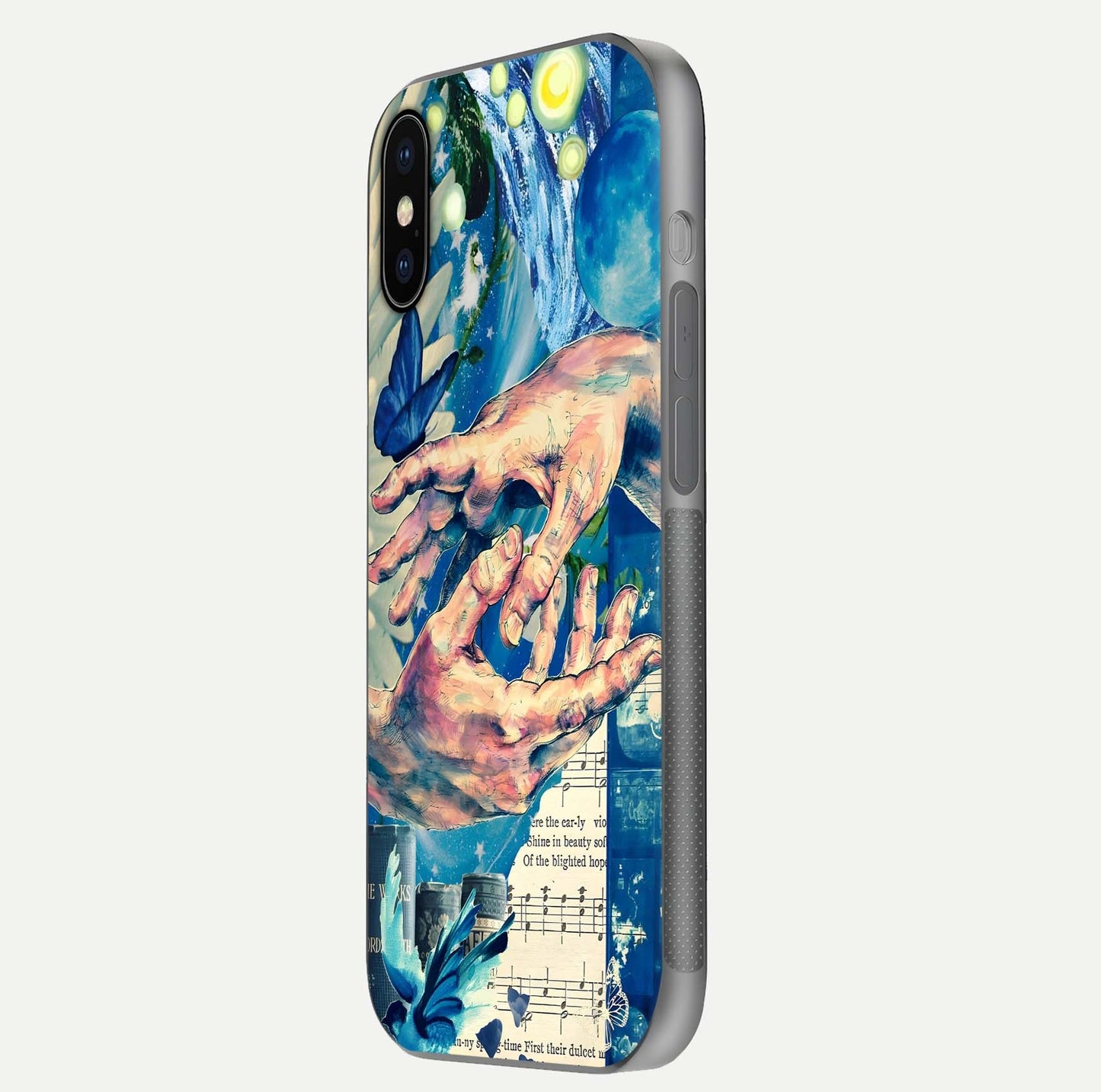 Aesthetic Divider Glass Case for iPhone X side-angle image showing divider pattern print, camera module, and glossy finish reflection