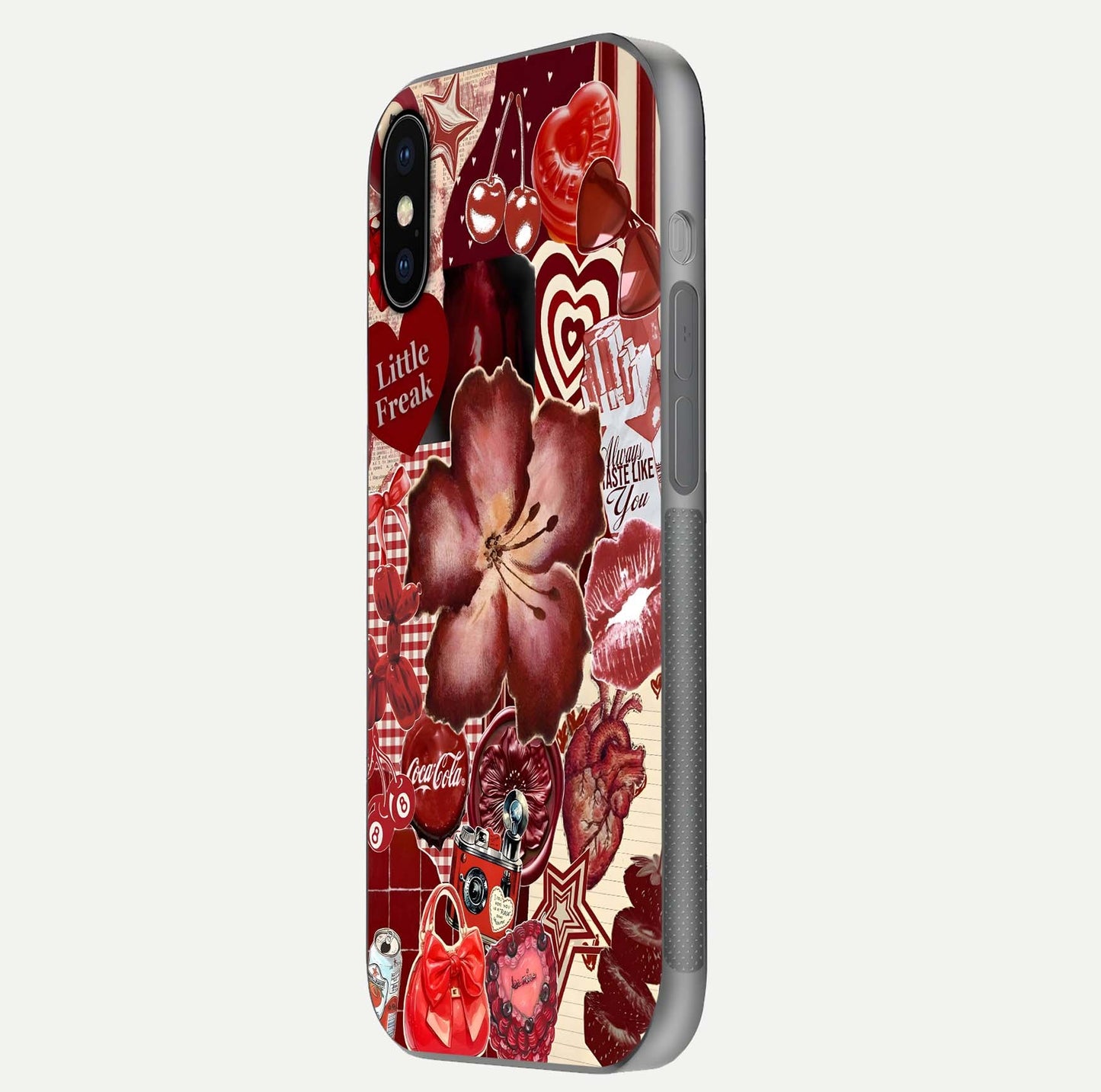 Aesthetic Little Freak Glass Case for iPhone 16 Pro side-angle image showing colorful design, camera module, and glossy finish reflection