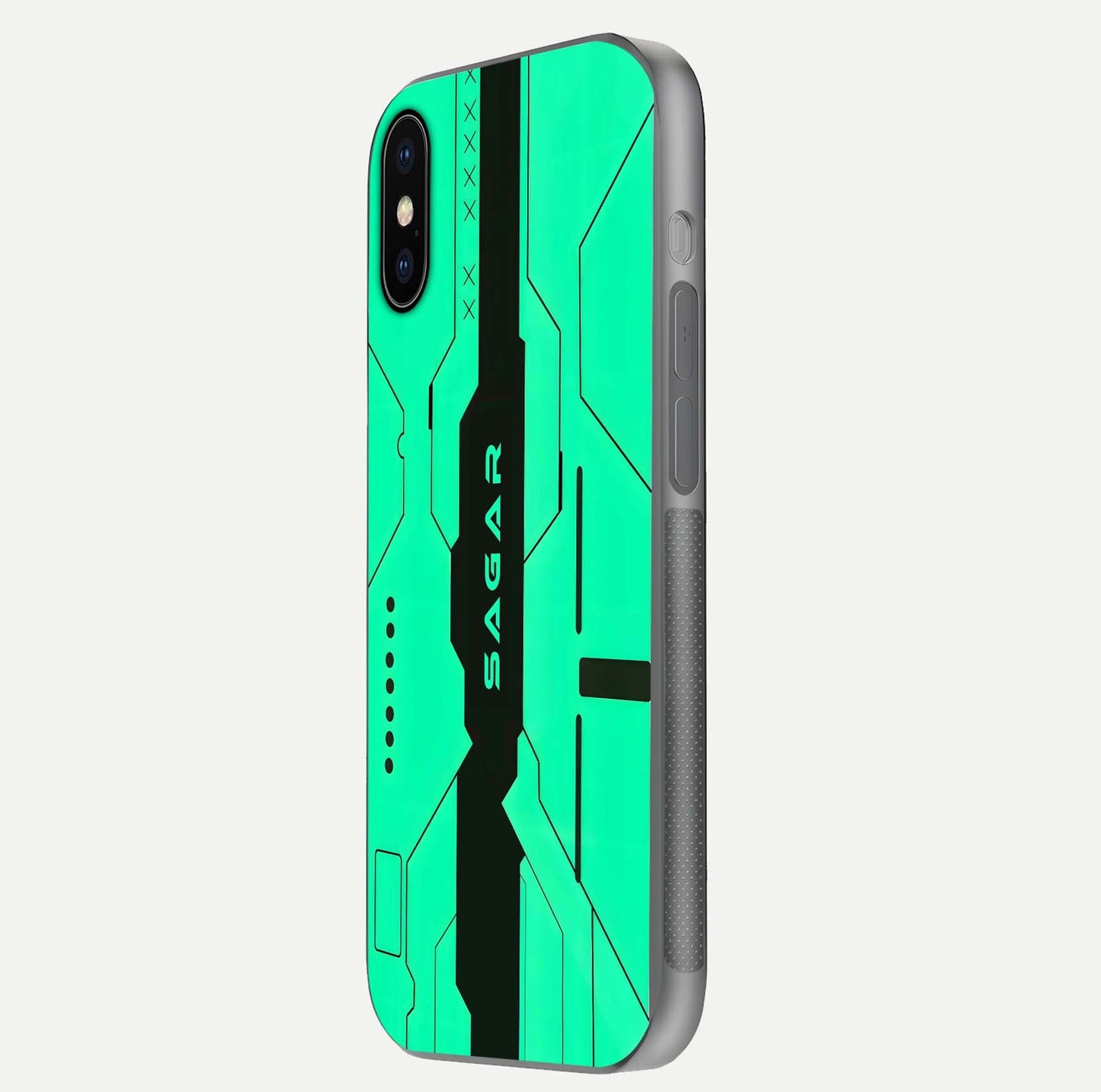 Aqua Tech CYBERPUNK Custom Name Glass Case for iPhone 16 Pro side-angle image with glowing edges and glossy surface