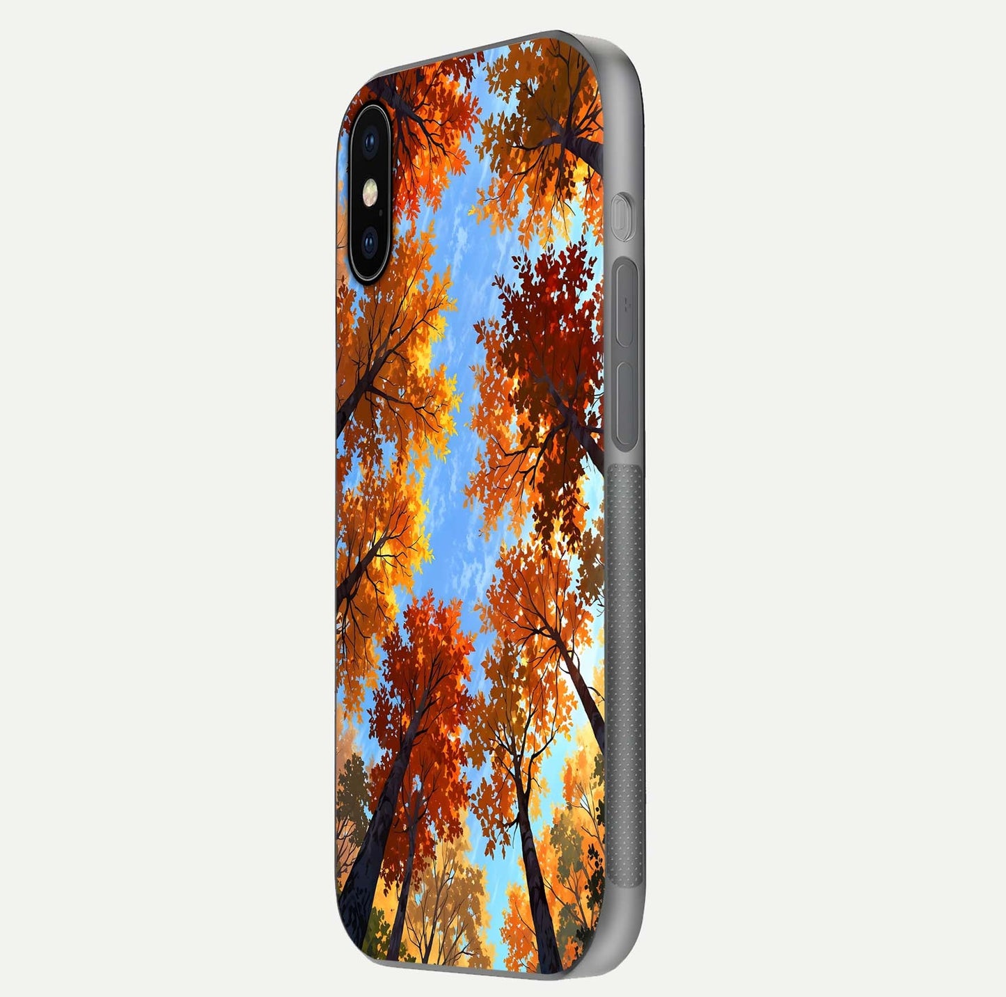 Autumn Sky Rise Glass Case for iPhone X side-angle showing autumn art tones and protective corners