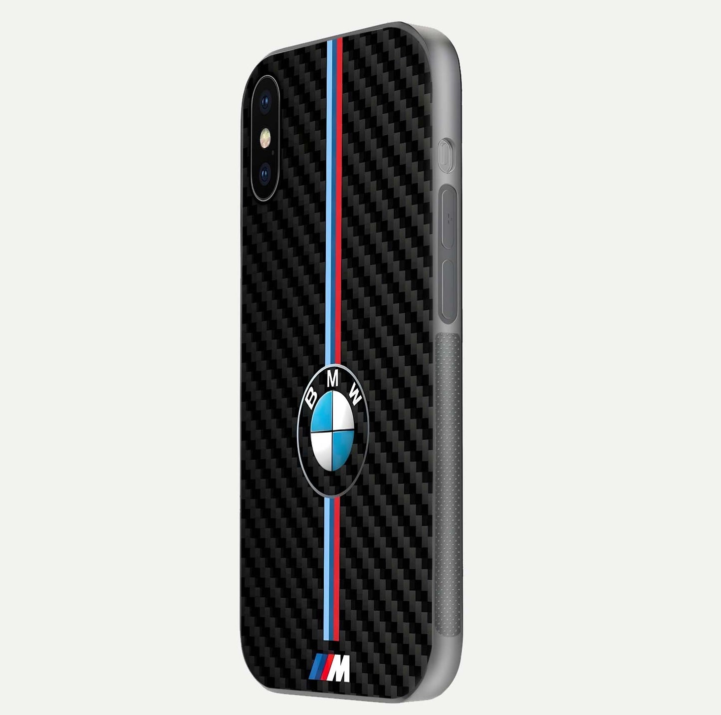 BMW Pattern Glass Case for iPhone X side-angle image showing edge finish and luxury car-inspired shine