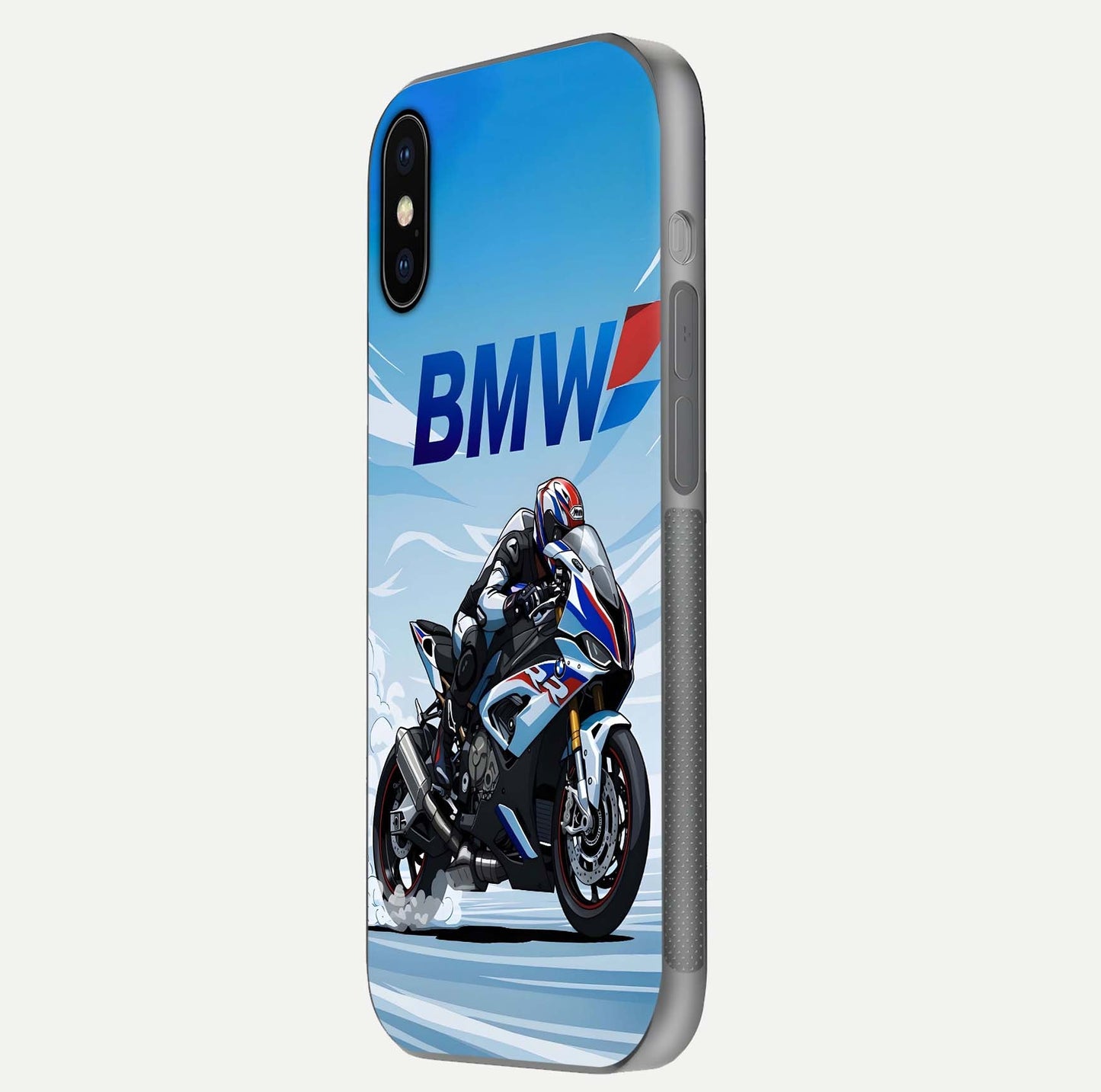 BMW Power Drift Glass Case for iPhone X side-angle image emphasizing smooth finish and detailed design