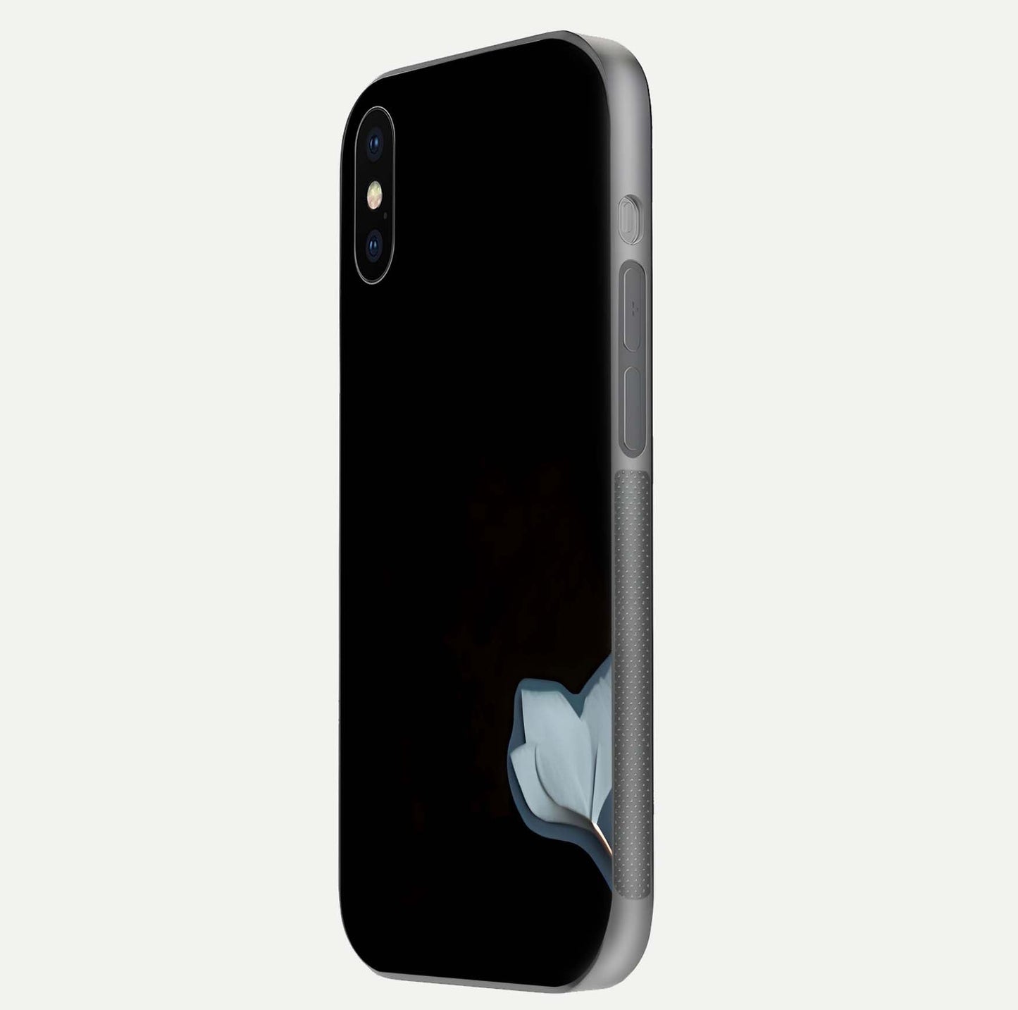 Black Elegance Floral Custom Name Glass Case for iPhone X side-angle showing black gloss depth and delicate print texture