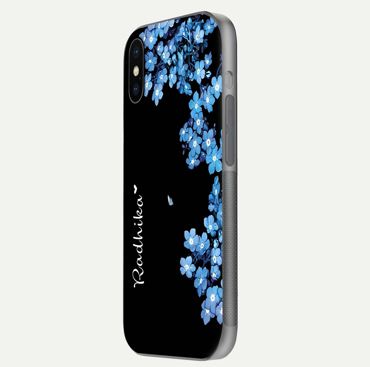 Blue Petal Dream Custom Name Glass Case for iPhone X side-angle image showing name print clarity and smooth gloss