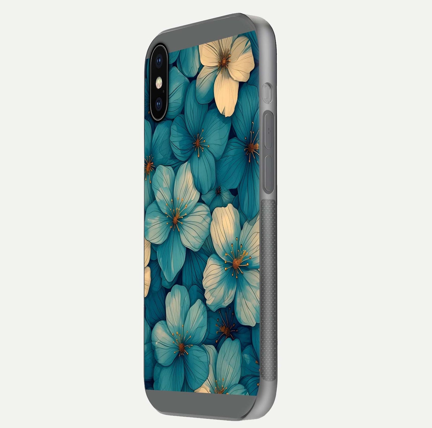 Blue Shade Floral Glass Case for iPhone X side-angle photo showing detailed floral hues and curved glass shine