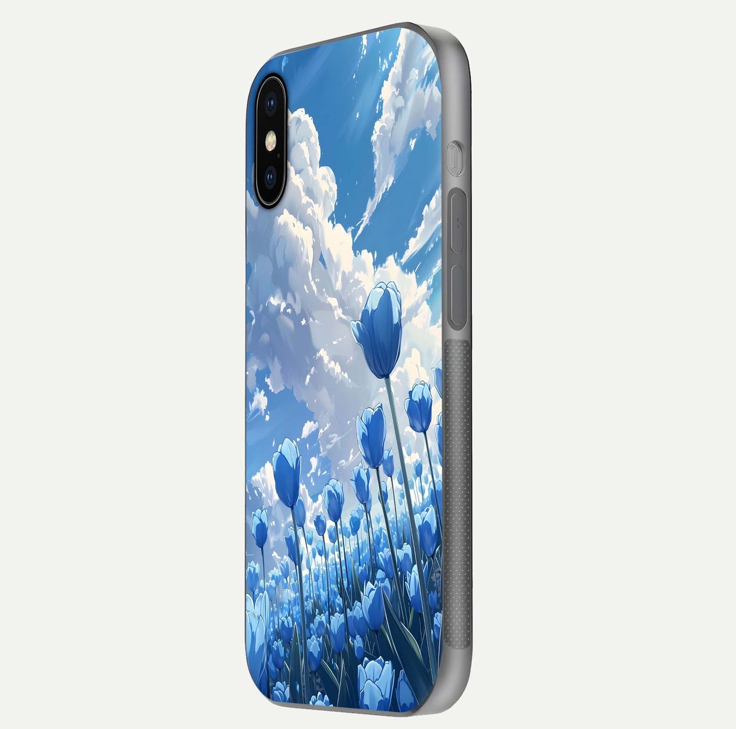 Blue Tulip Clouds Glass Case for iPhone X side-angle image showing edge curve and flower reflection glow