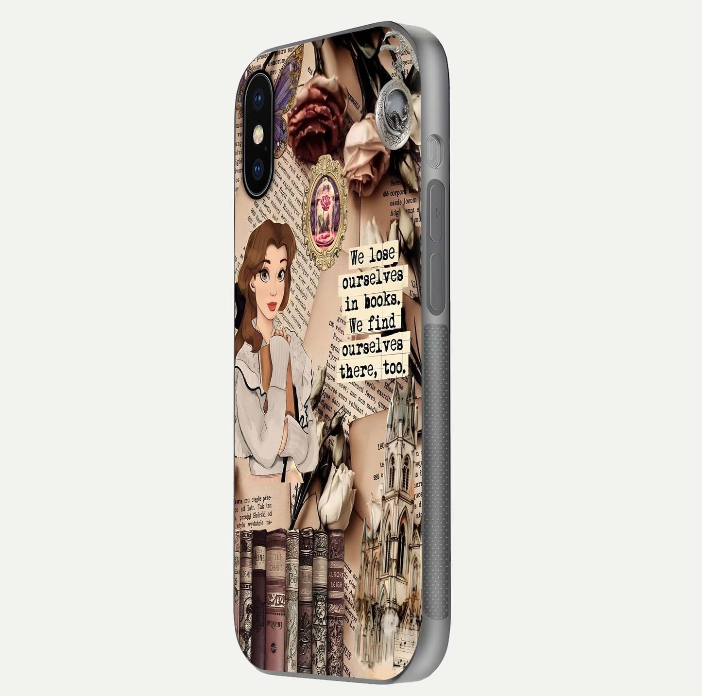 Bookish Dream World Glass Case for iPhone X side-angle image showing detail depth and smooth corner polish