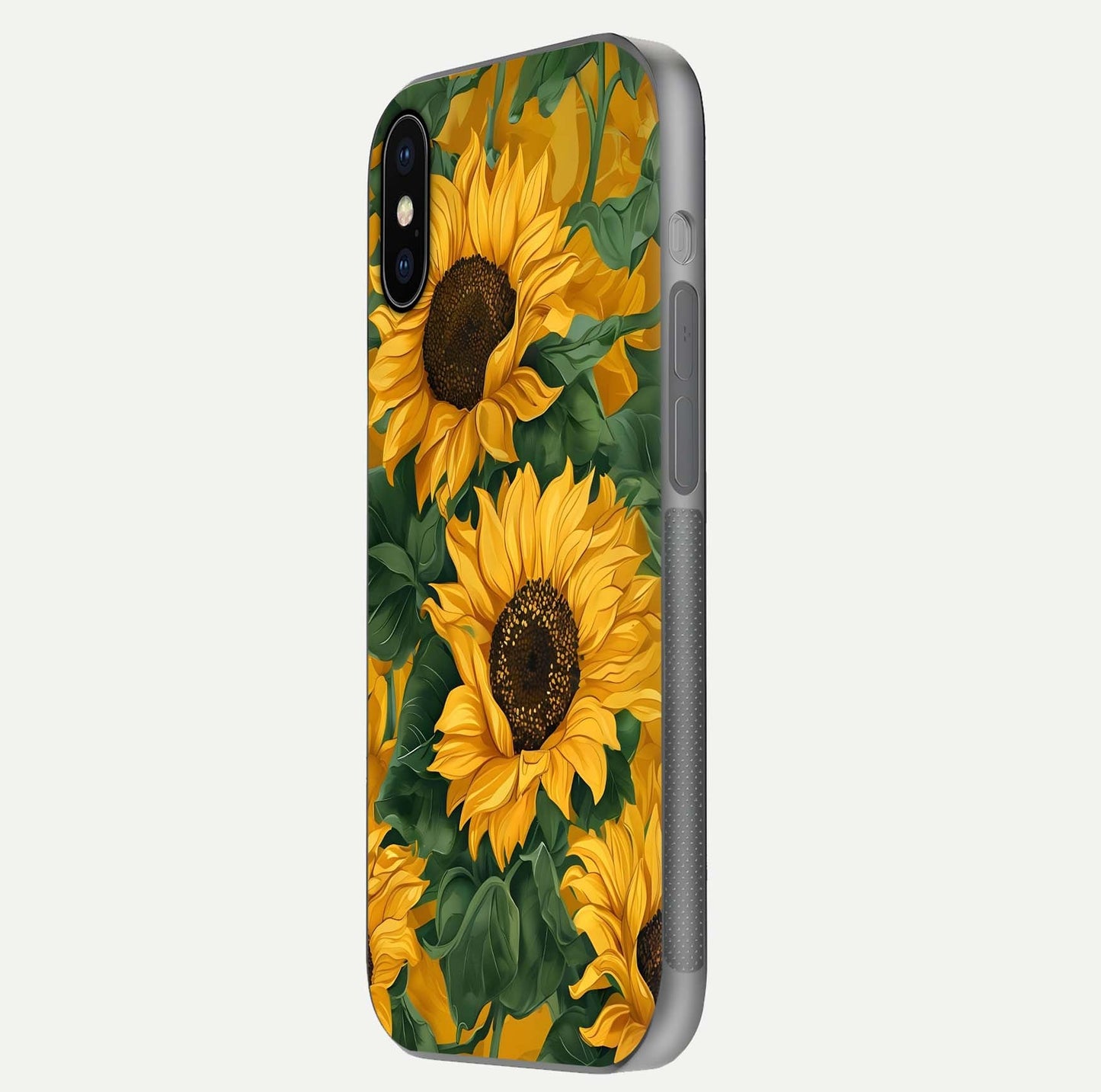 Bright Sunflower Bloom Glass Case for iPhone X side-angle image showing shine texture and detailed bloom