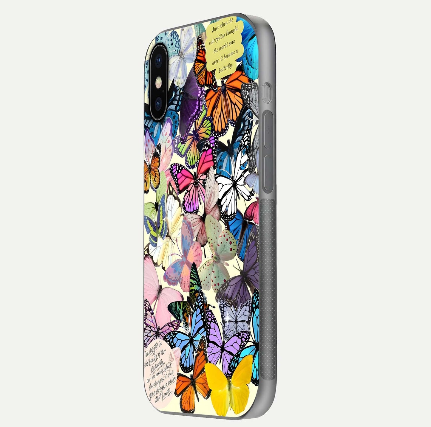 Butterflies Petal Dream Glass Case for iPhone X side-angle shot showing butterfly motion and curved edges