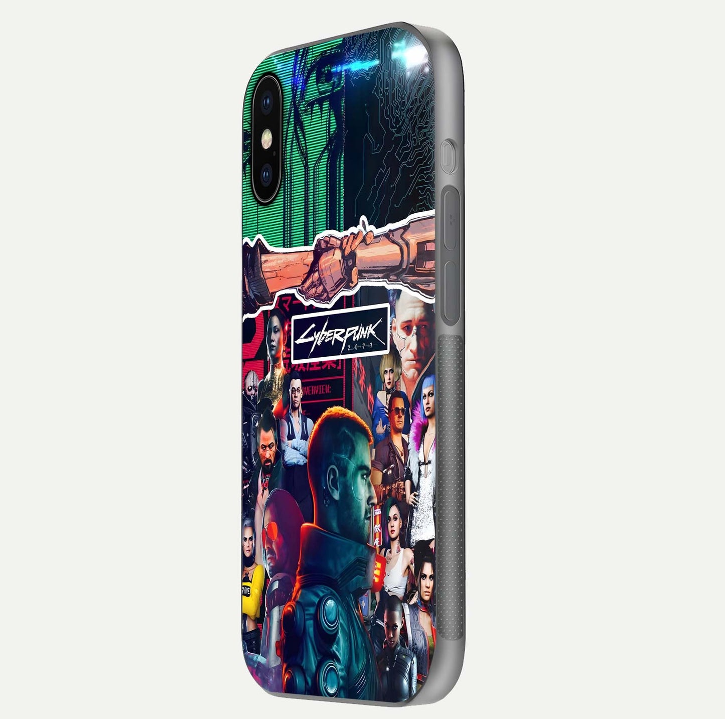 CYBERPUNK Legacy Glass Case for iPhone X side-angle photo showing edge glow and reflective surface