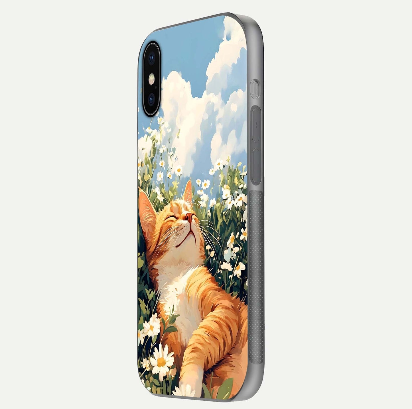 Cat & Flowers View Glass Case for iPhone X side-angle image capturing cat print clarity and gloss tone