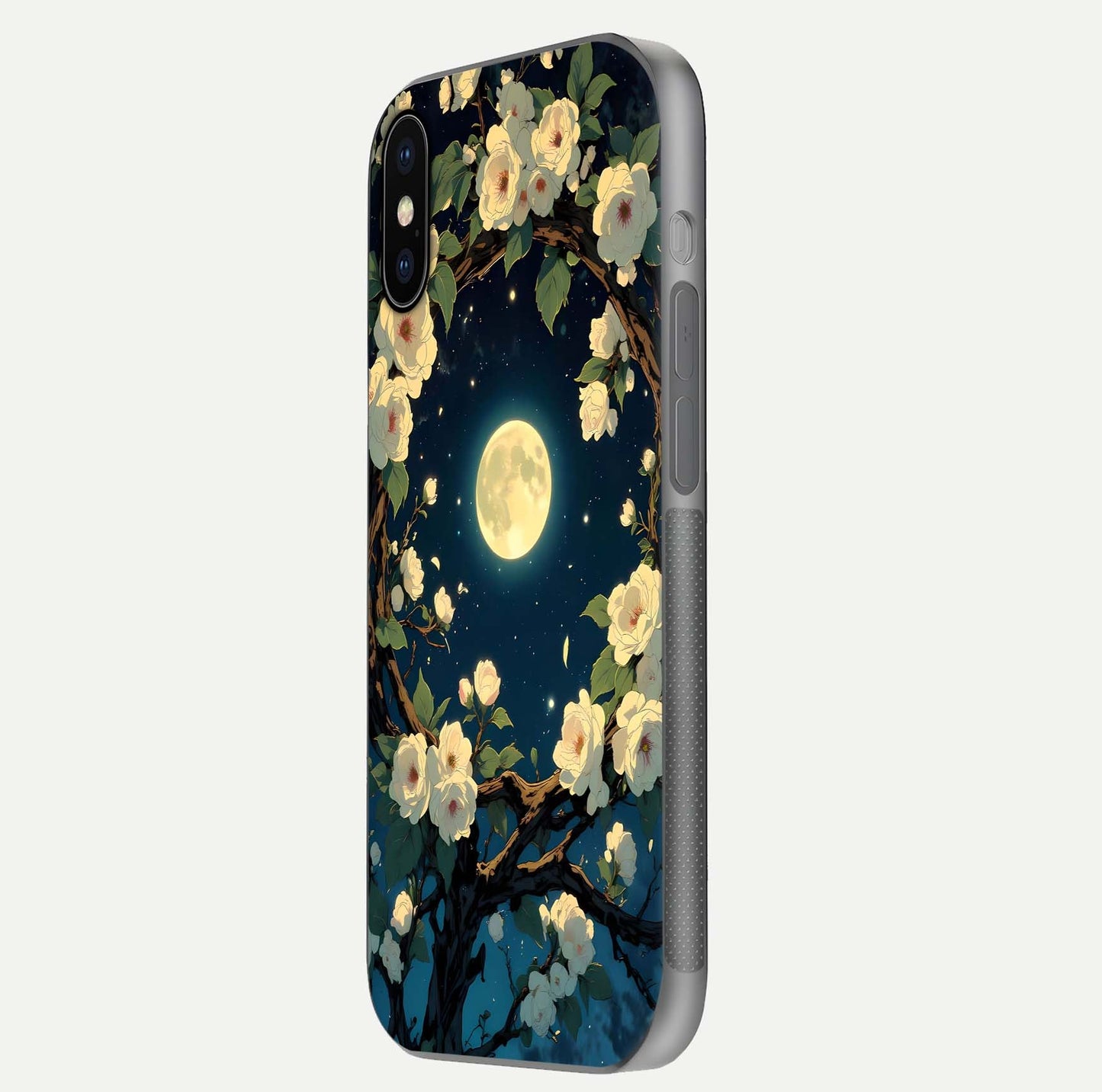 Celestial Moon & Flower Glass Case for iPhone X side-angle image showing edge smoothness and glow reflection