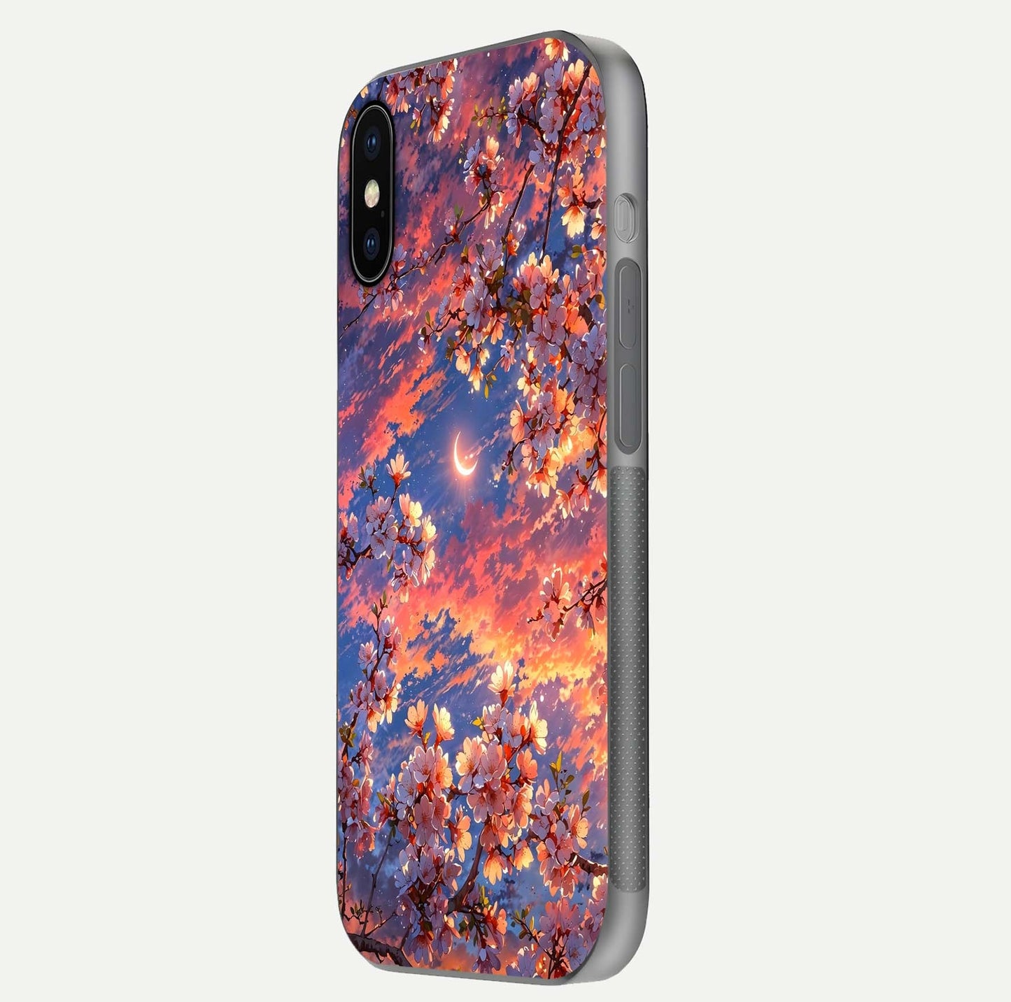 Celestial Sakura Sunset Glass Case for iPhone X side-angle image showing edge glow and petal texture