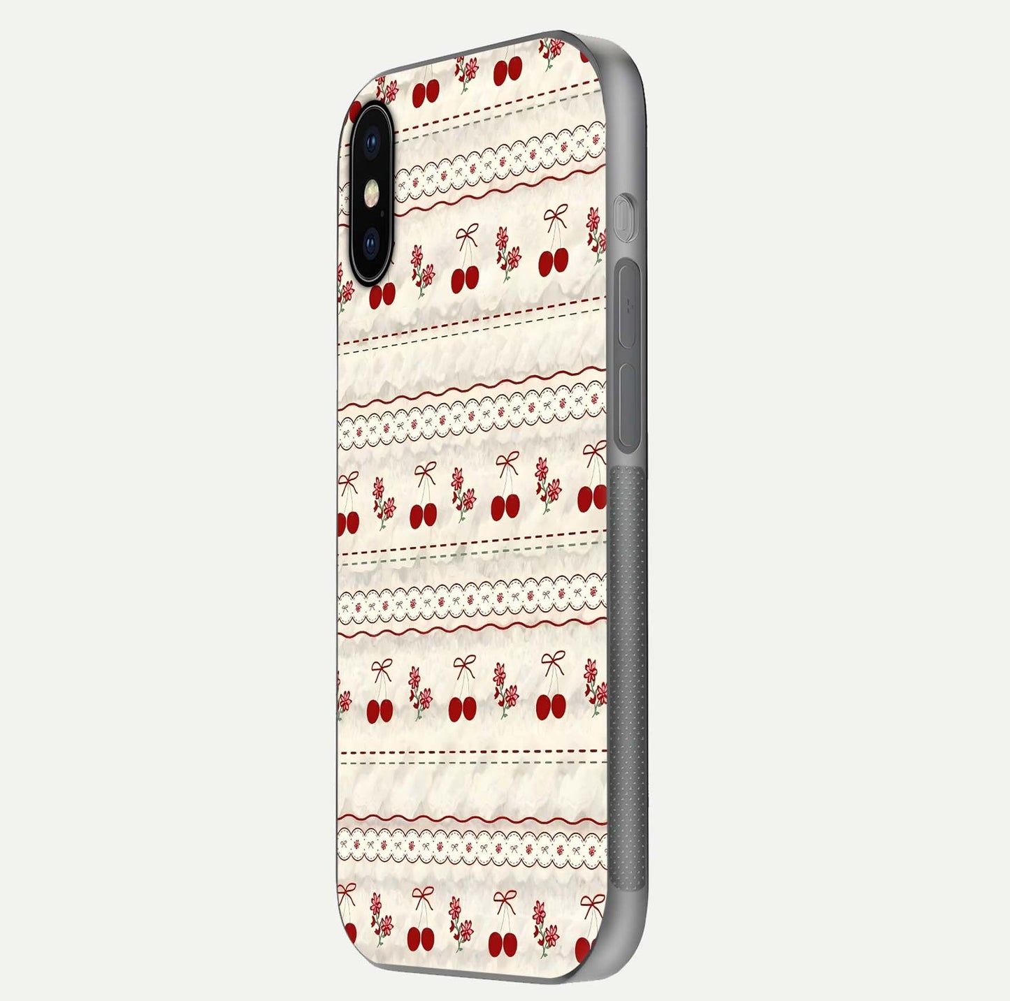 Cherry Bloom Charm Glass Case for iPhone X side-angle photo showing flower detail and edge light