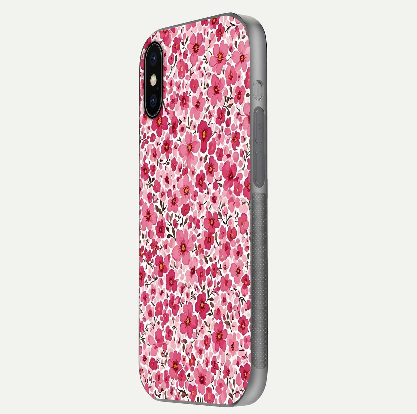 Cherry Blossom Charm Glass Case for iPhone X side-angle image showing reflection gloss and soft texture