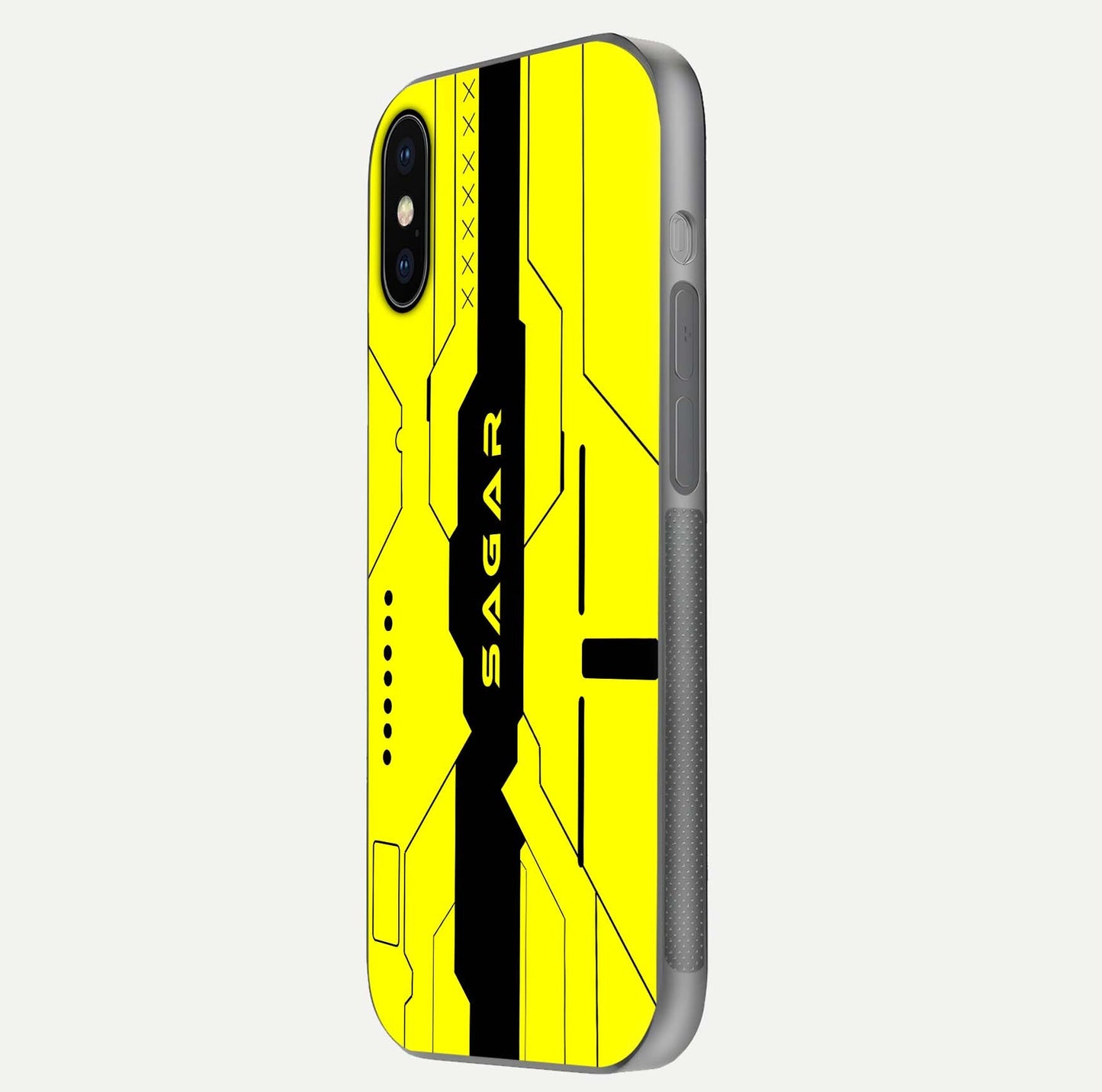 Circuit CYBERPUNK Custom Name Glass Case for iPhone X side-angle image showing reflective finish and design precision