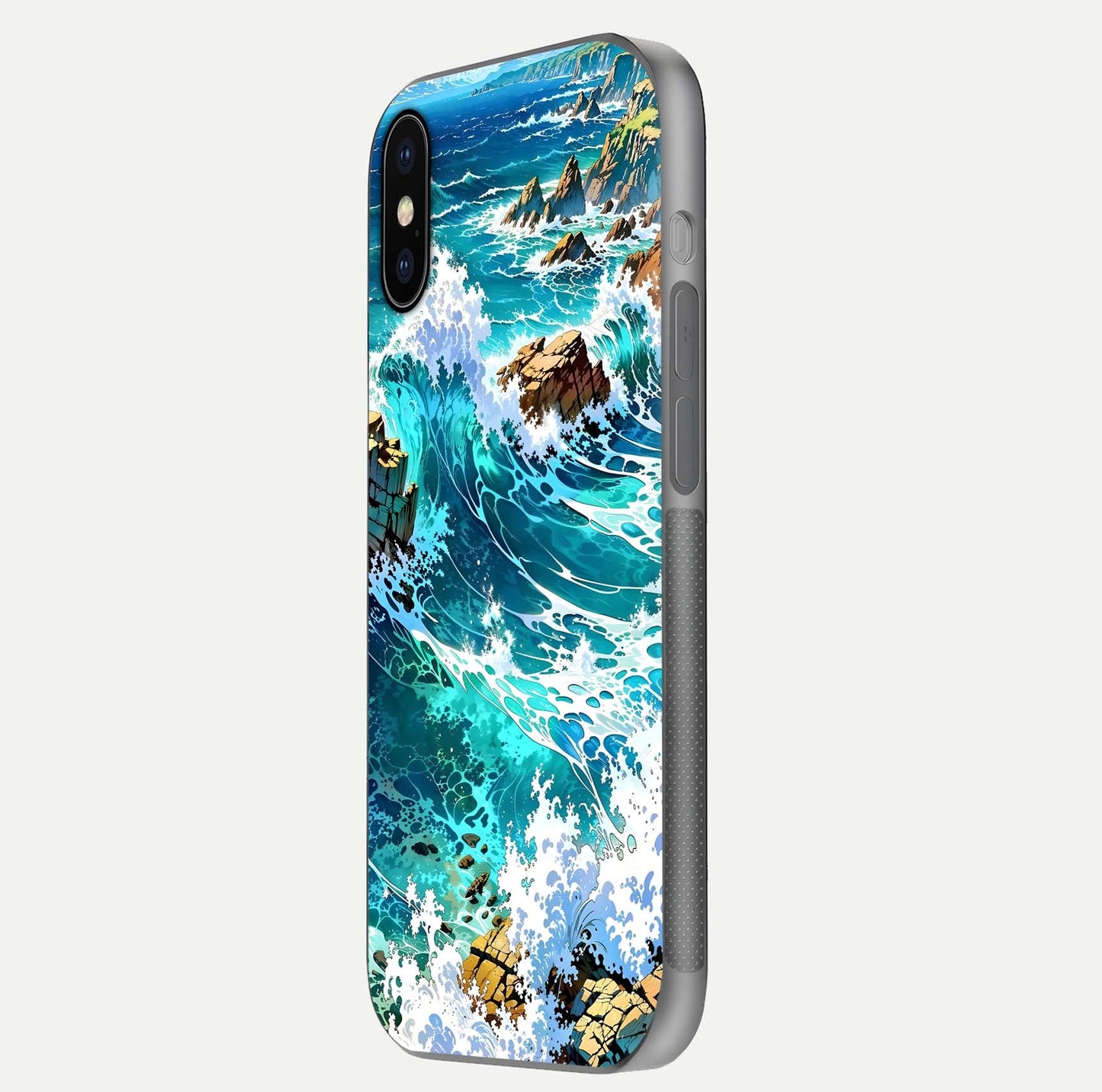 Coastal Blue Waves Glass Case for iPhone X side-angle photo showing gloss texture and color depth