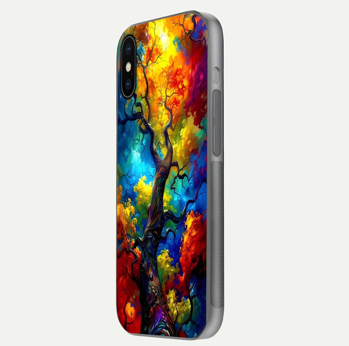 Colorful Tree Glass Case for iPhone X side-angle image showing curve reflection and fine print texture