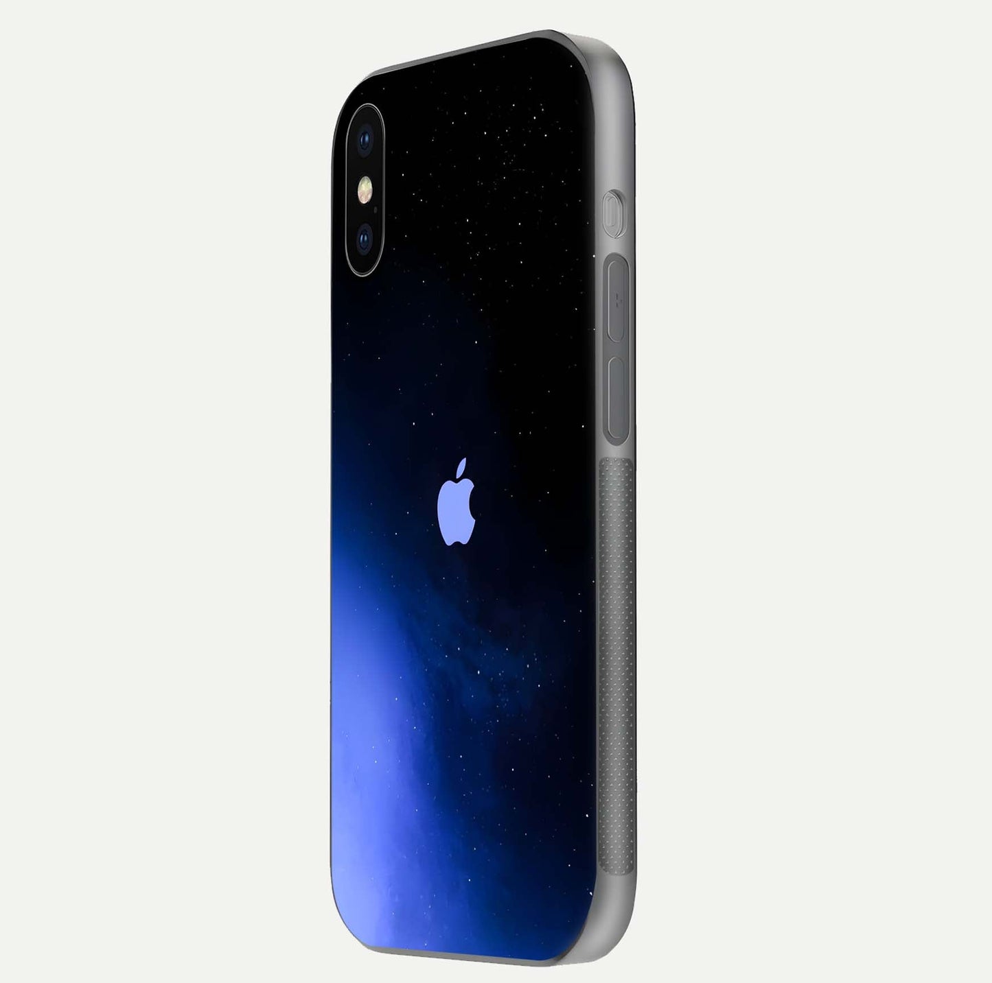 Cosmic Blue Apple Glass Case for iPhone X side-angle image showing curve polish and star detail