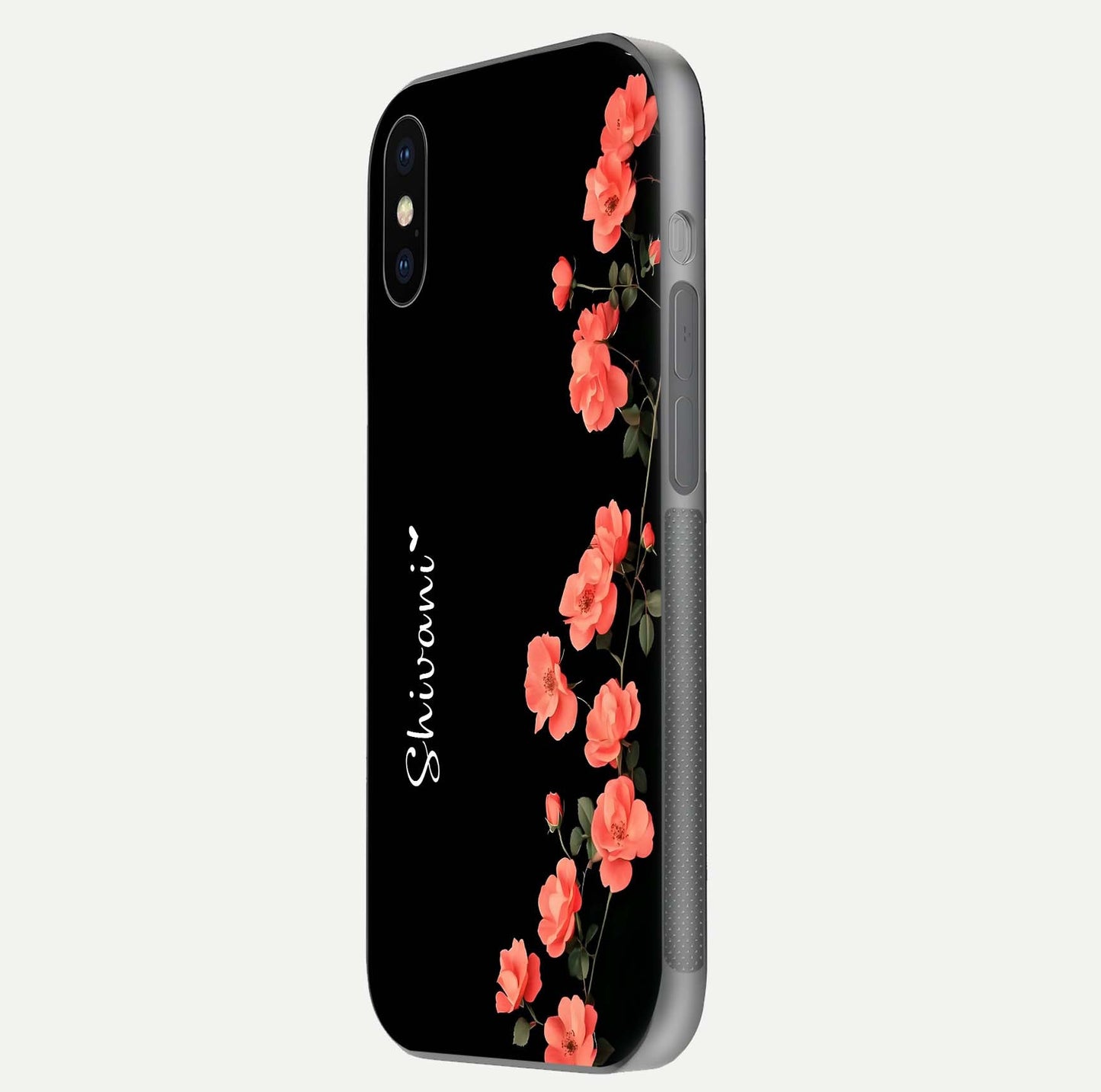 Crimson Bloom Grace Custom Name Glass Case for iPhone X side-angle photo capturing edge glow and name clarity
