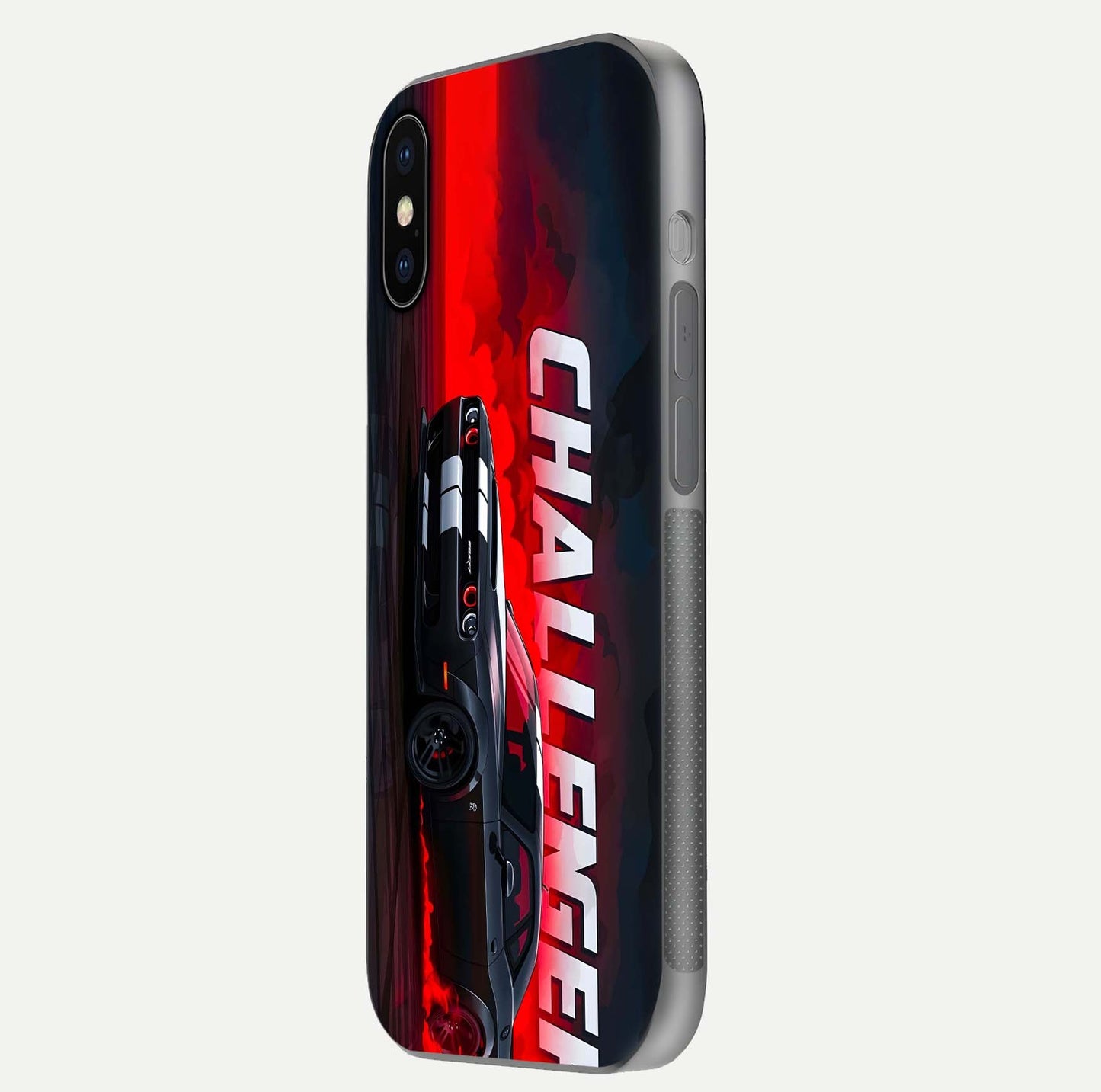Crimson Challenger Fury Glass Case for iPhone X side-angle image showing curve reflection and red finish